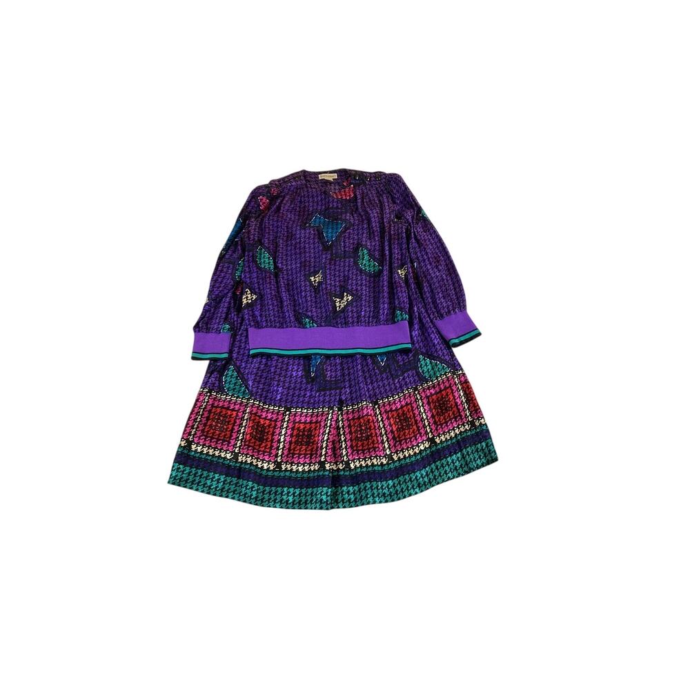 Vintage Lauren Alexandra Skirt Blouse Set Size 12 Purple Houndstooth Pure Silk